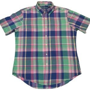 Ralph Lauren Indian Madras Plaid Blue Green Button up Cotton Custom Fit Large